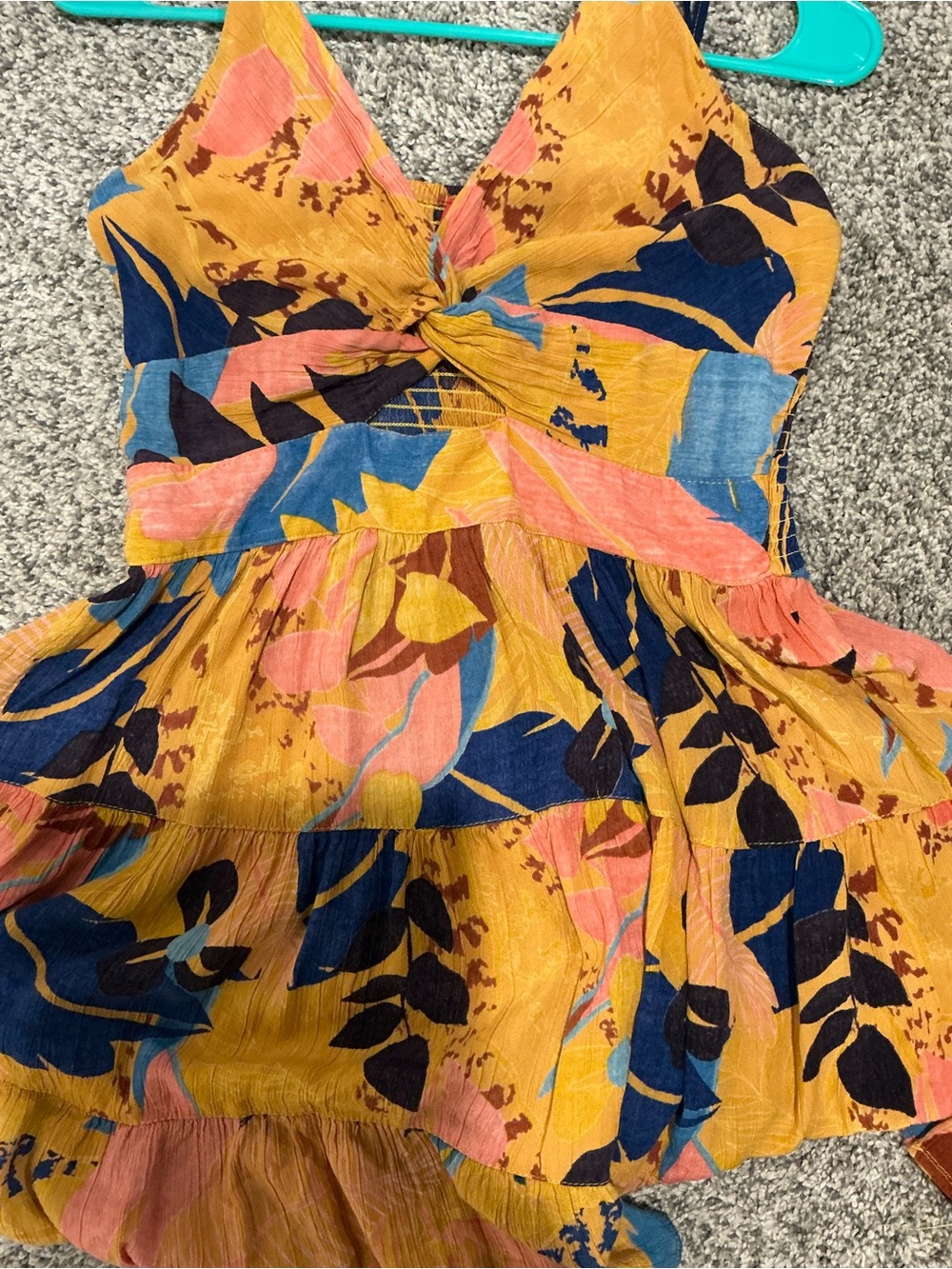 Angie Mustard Floral Tiered Dress with Navy and Coral Accents